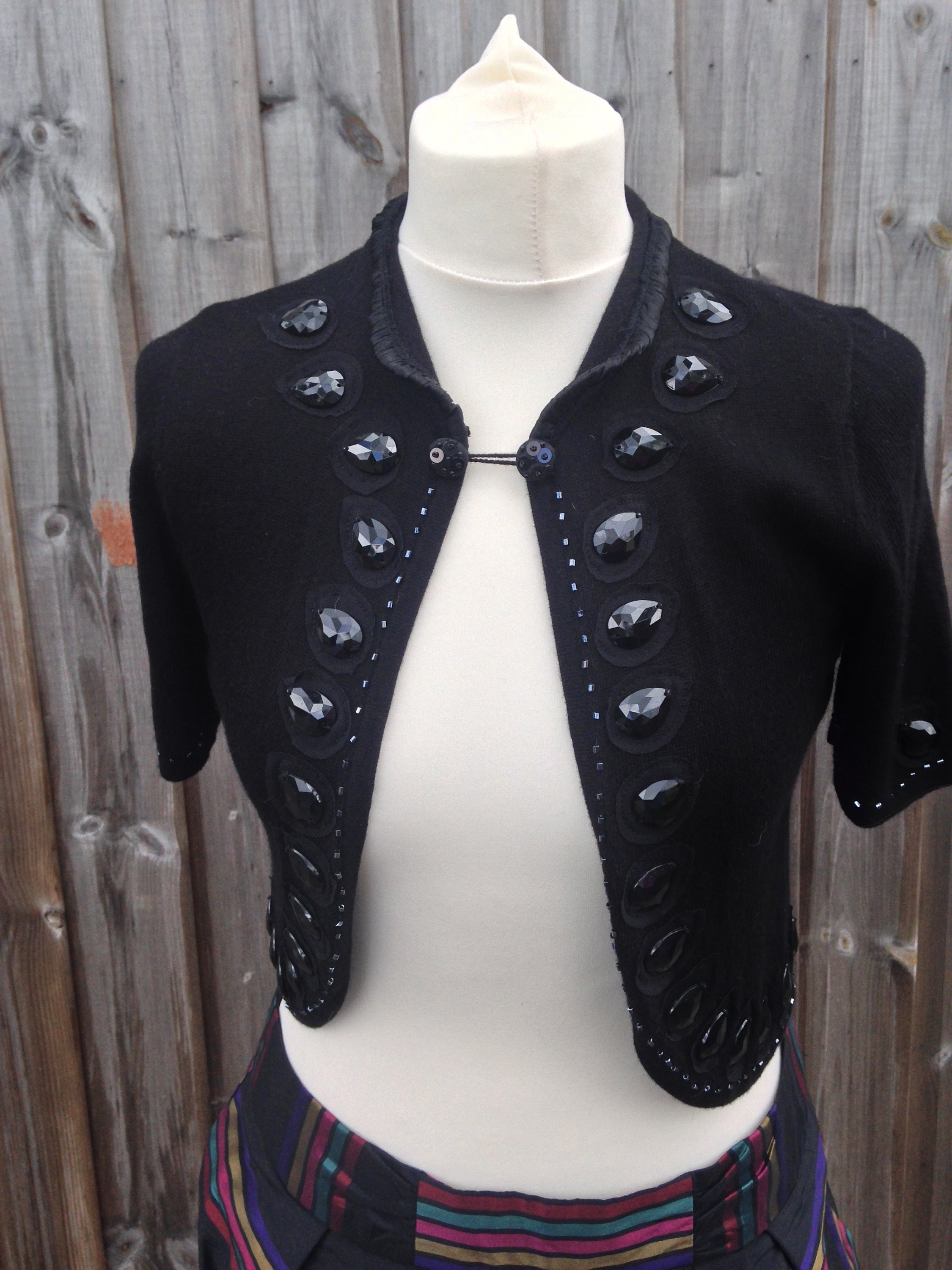 Image of Black Beaded Woolen Shrug, Black Bolero, Short Sleeved Evening Cardigan, Size , M