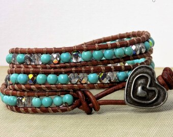 southwestern bracelet, crystal and turquoise, heart jewelry, wrap bracelet, leather bracelet