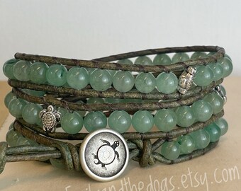 Bohemian Wrap Bracelet, Light Green Aventurine, Gemstone Jewelry, Turtle Jewelry, Leather Beaded Bracelet, Sea Turtle