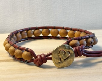 Sandalwood Bracelet, Stacking Bracelet, Leather Bracelet, Heart, Natural Jewelry, Boho, Yoga Jewelry