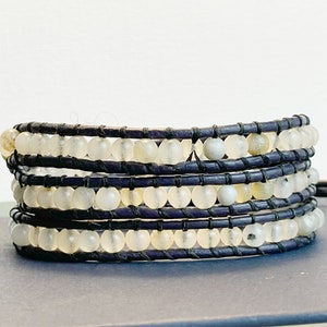 Wrap Bracelet, Navy Blue Leather, Grey Quartz, Triple Wrap, Beaded Bracelet, Gypsy Bracelet, Bohemian Fashion, Gemstone Jewelry image 7