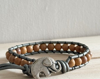 Elephant Bracelet, sandalwood bracelet, yoga jewelry, beaded, leather wrap bracelet, friendship bracelets, metallic, good luck