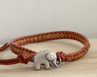 Anklet, Stacking, Boho Jewelry, Beaded, Wrap Anklet, Ready to Ship, Leather Wrap Anklet, Elephant, friendship, Sandalwood