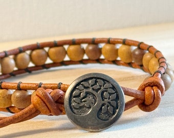 Sandalwood Bracelet, Stacking Bracelet, Leather Bracelet, Tree Button, Natural Jewelry, Boho, Yoga Jewelry