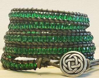 Leather Wrap Bracelet, Green Bracelet, Glass Beads, Irish Jewelry, Celtic Knot, Stacking Bracelet