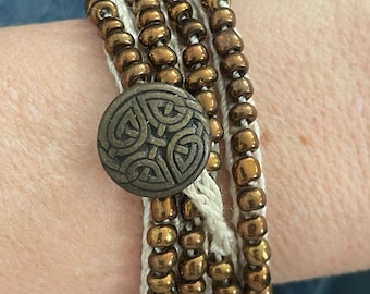 Crochet Bracelet, Beaded, cotton, bronze glass beads, Celtic button, Irish, stacking, wrap bracelet