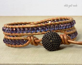 Leather bracelet, purple crystal glass beads, bronze leather, seashell button, beach jewelry