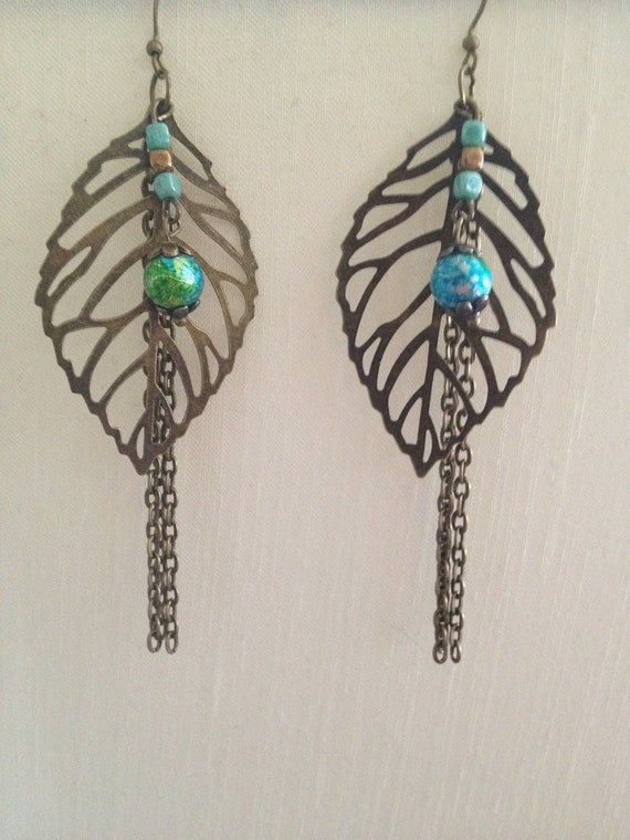 Items similar to Antique Bronze Leaf Dangle Earrings on Etsy
