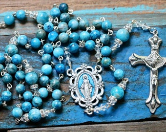 Catholic "Crazy Lace" Agate Gemstone Rosary in Silver