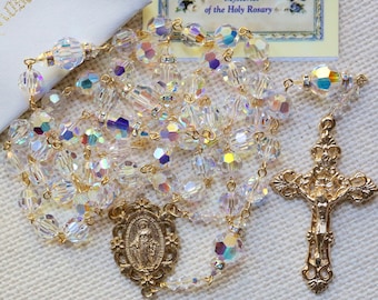 Catholic LARGE BEAD Swarovski AB Crystal Rosary in Gold