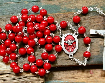 Catholic LARGE BEAD Red Coral Holy Spirit Rosary in Silver