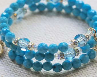 Faceted Turquoise Catholic Wrap Rosary Bracelet in Gold