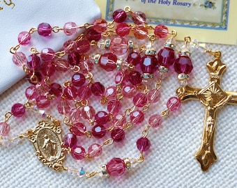 Catholic Swarovski Pinks Rosary in Gold