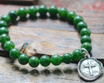 Green Aventurine Hammered Cross Charm Stretch Bracelet