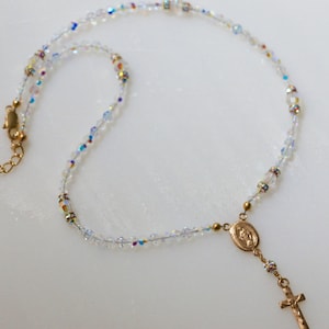 Swarovski AB Crystal Catholic Rosary Necklace in 14K Gold