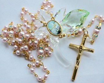 Catholic SMALL Bead Swarovski Rosaline Pearl Baptism Rosary in Gold