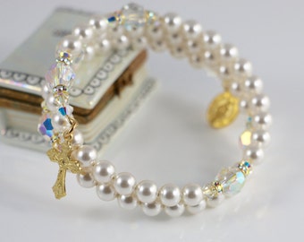 Catholic Swarovski Crystal and Pearl Wrap Rosary Bracelet