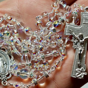 Catholic Swarovski AB Globe Crystal Rosary in Silver