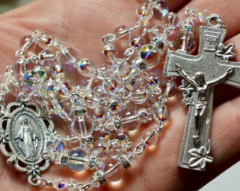 Catholic Swarovski AB Globe Crystal Rosary in Silver