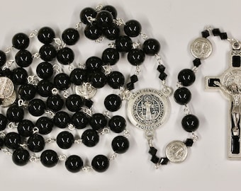 Catholic LARGE BEAD Grade AAA Black Onyx St Benedict Rosary in Silver