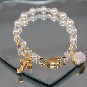 Catholic Swarovski One Decade Pearl Rosary Bracelet in Gold or Silver