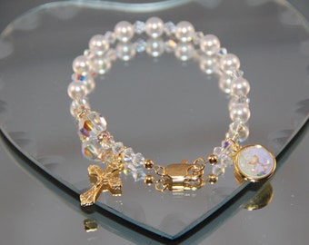 Catholic Swarovski One Decade Pearl Rosary Bracelet in Gold or Silver