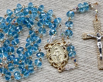 Catholic Swarovski Crystal LARGE BEAD Aquamarine Rosary in Gold