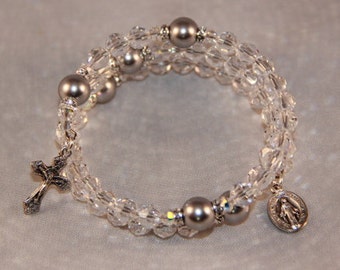 Catholic Swarovski Crystal and Pearl Wrap Rosary Bracelet