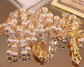 Catholic Swarovski White Pearl Rosary in Gold