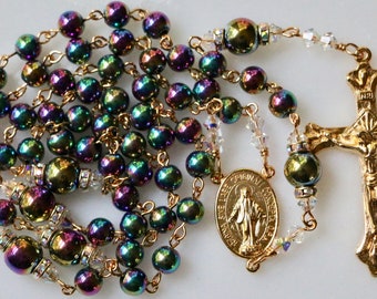 Catholic Rainbow Hematite Gemstone Rosary in Gold