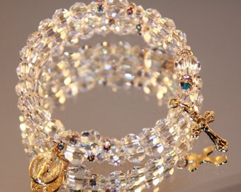 Catholic Swarovski Crystal Gold Wrap Rosary Bracelet