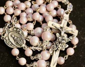 Catholic Swarovski Iridescent Dreamy Rose Pearl Rosary in Silver