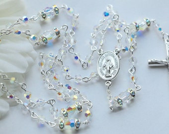 Swarovski SMALL bead AB Crystal Miraculous Medal Rosary in Silver