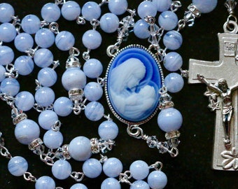 Catholic Blue Lace Agate (Grade AAA) and Cameo Rosary