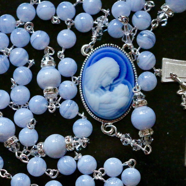 Catholic Blue Lace Agate (Grade AAA) and Cameo Rosary