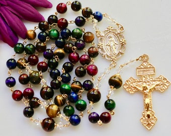 Catholic LARGE BEAD Multi Colored Tiger Eye Rosary in Gold