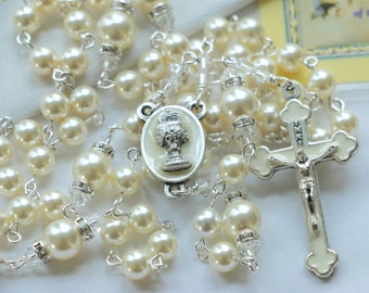 Catholic First Communion Swarovski Cream Pearl Rosary