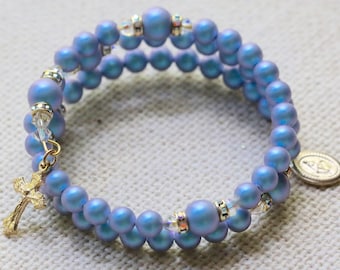 Wrap Rosary Bracelet in Iridescent Light Blue Pearls and Gold