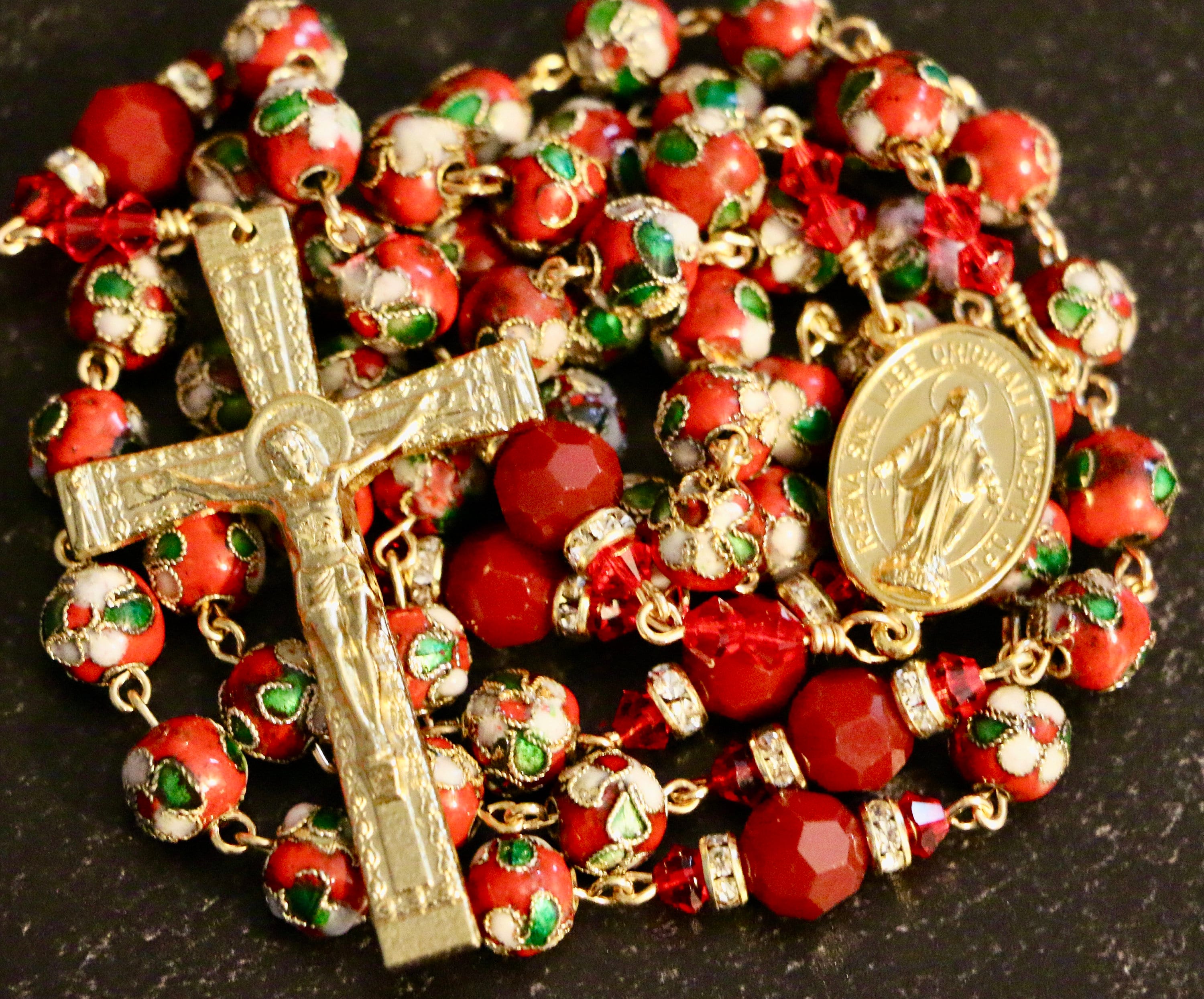 Rosary with Red Crystal Beads - 55cm