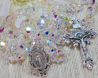 Catholic LARGE BEAD Swarovski Crystal AB Rosary in Silver
