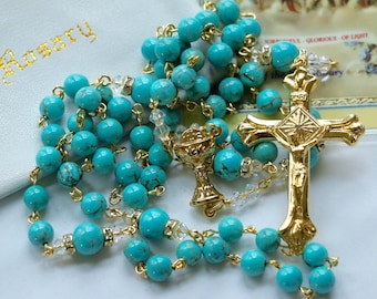 Catholic Turquoise First Communion Rosary in Gold