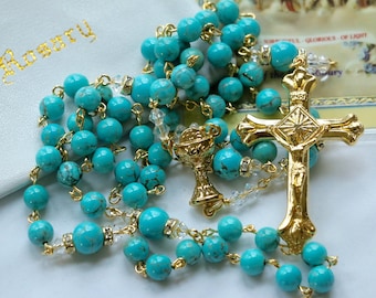 Catholic Turquoise First Communion Rosary in Gold