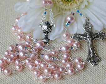 Catholic Swarovski Light Pink Pearl First Holy Communion Rosary