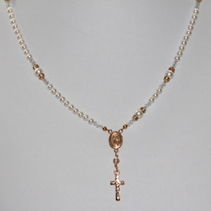 Swarovski White Pearl Catholic Rosary Necklace in 14K Gold