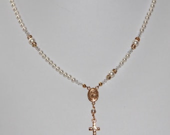 Swarovski White Pearl Catholic Rosary Necklace in 14K Gold