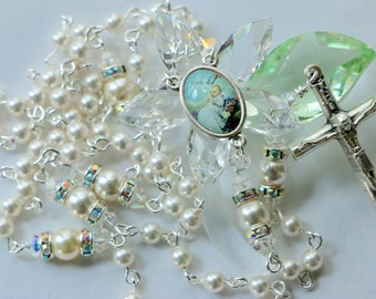 Catholic SMALL Bead Swarovski White Crystal Pearl Baptism Rosary in Silver