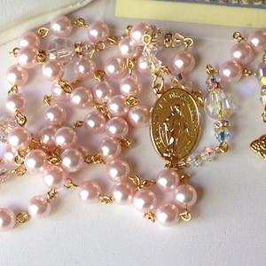 Catholic Swarovski Pink Pearl Rosary in Gold