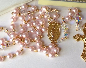 Catholic Swarovski Pink Pearl Rosary in Gold