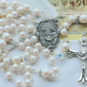 Catholic Swarovski White Pearlescent Pearl Holy Family Rosary