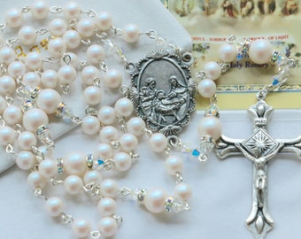 Catholic Swarovski White Pearlescent Pearl Holy Family Rosary